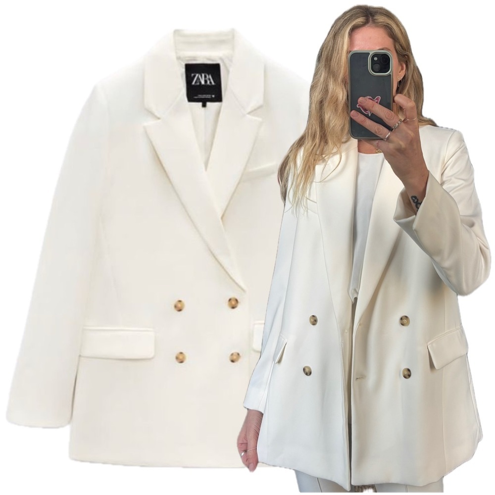 Zara Off White Long Oversized Double Breasted Bridal Blazer Jacket